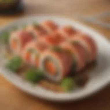 A vibrant plate showcasing a spam sushi roll garnished with fresh herbs