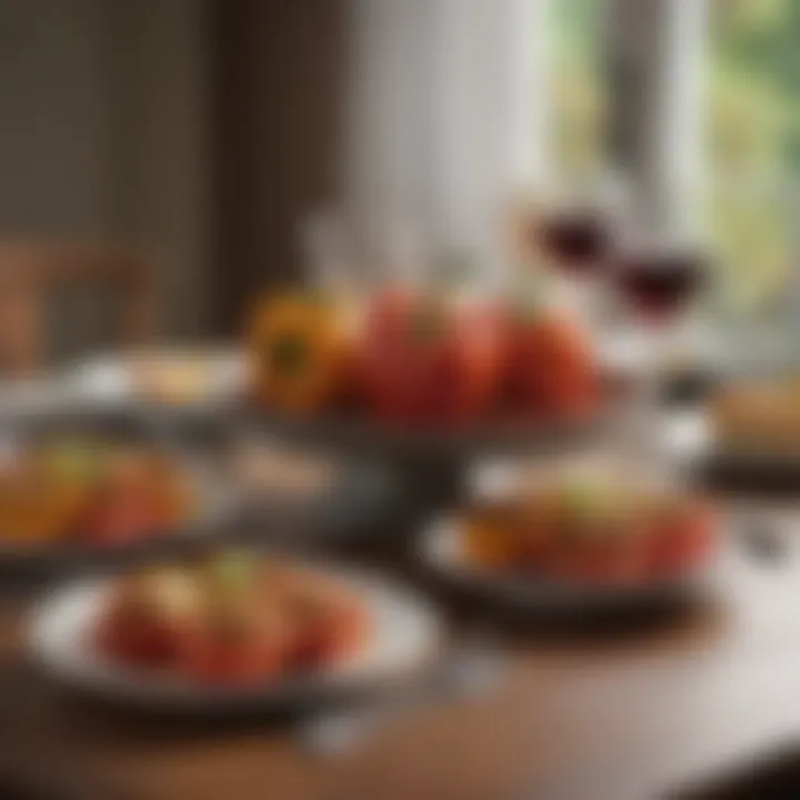 An elegant dining table set with stuffed peppers as the centerpiece.