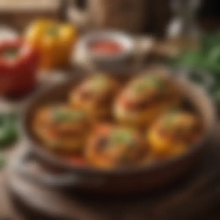 A rustic kitchen scene featuring a pan of baked stuffed peppers fresh from the oven.