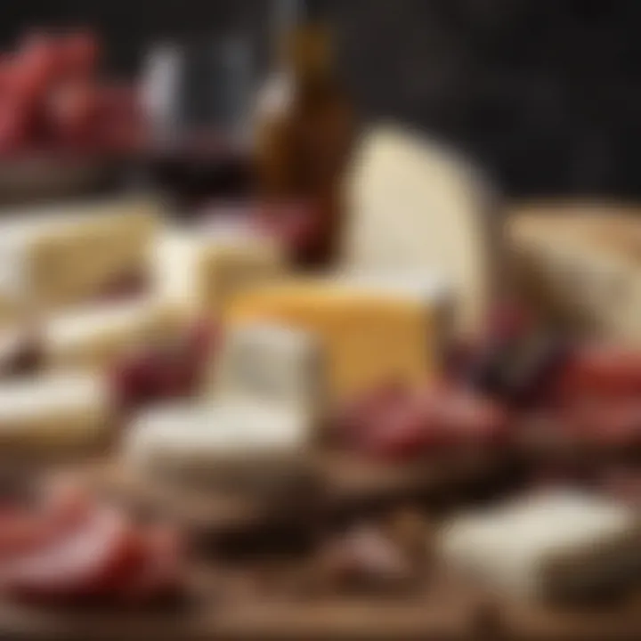 A close-up of unique artisanal cheeses showcased on a charcuterie board