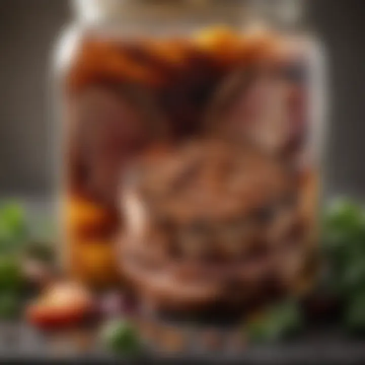 A close-up of a marinade jar with ingredients layered artfully