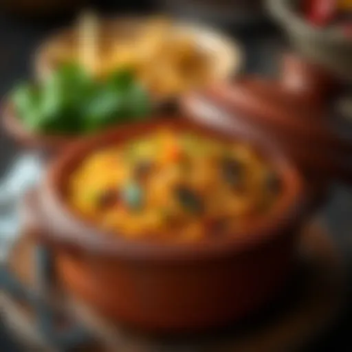 Vibrant Spanish Rice in Clay Pot Traditional clay cooking pot filled with vibrant Spanish rice