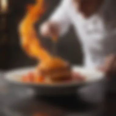 A chef drizzling sauce over a plated dish, enhanced by torching