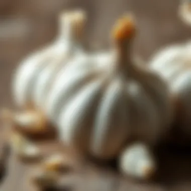 Fresh garlic bulbs on a wooden surface, highlighting their texture
