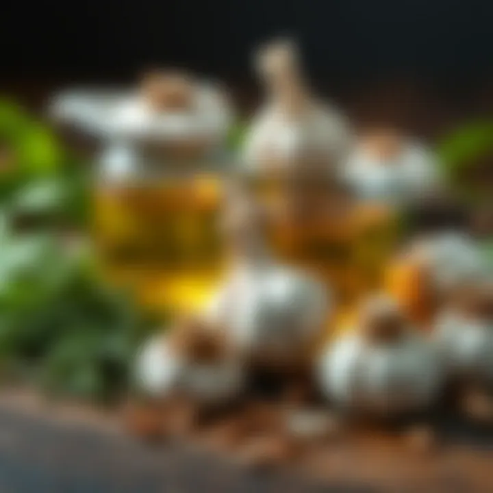 A close-up of garlic tea ingredients arranged neatly, including herbs