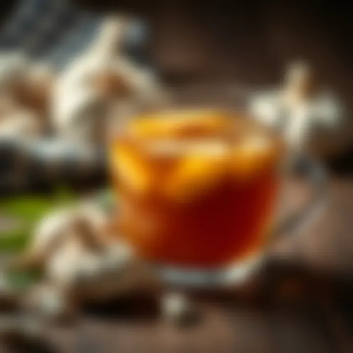 A steaming cup of garlic tea with fresh garlic cloves beside it