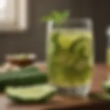 A glass of refreshing pickle juice with cucumbers