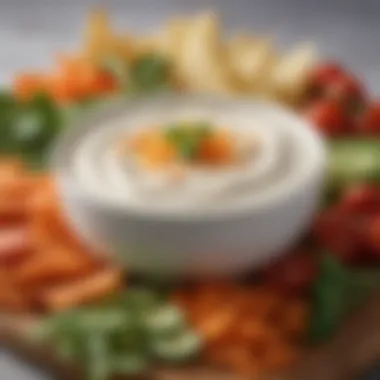 Close-up of a creamy dip with fresh vegetables for dipping