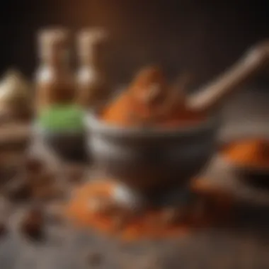 A mortar and pestle with spices being ground, emphasizing the preparation of a spice blend.