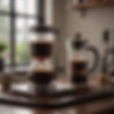 A serene coffee brewing setup featuring a French press and decaf coffee grounds