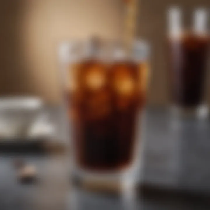 A beautifully brewed decaf cold brew coffee served in a stylish glass with ice cubes