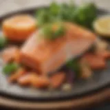 A beautifully plated salmon dish with vibrant vegetable garnishes