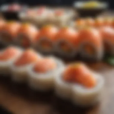 A selection of salmon sushi rolls arranged artistically