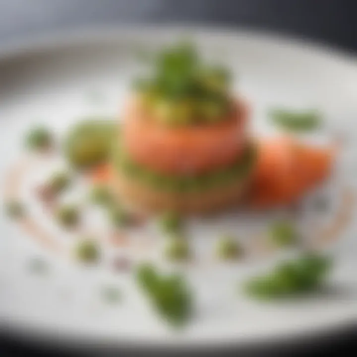 An elegant salmon tartare served with avocado and herbs