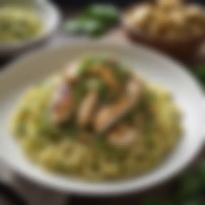 An elegant bowl of zoodles topped with flavorful pesto and grilled chicken.