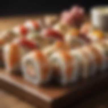 An elegant presentation of sushi drizzled with Japanese mayonnaise