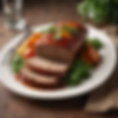 A beautifully plated meatloaf garnished with herbs and vegetables