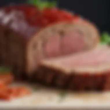 A close-up of a perfectly sliced meatloaf showcasing its texture