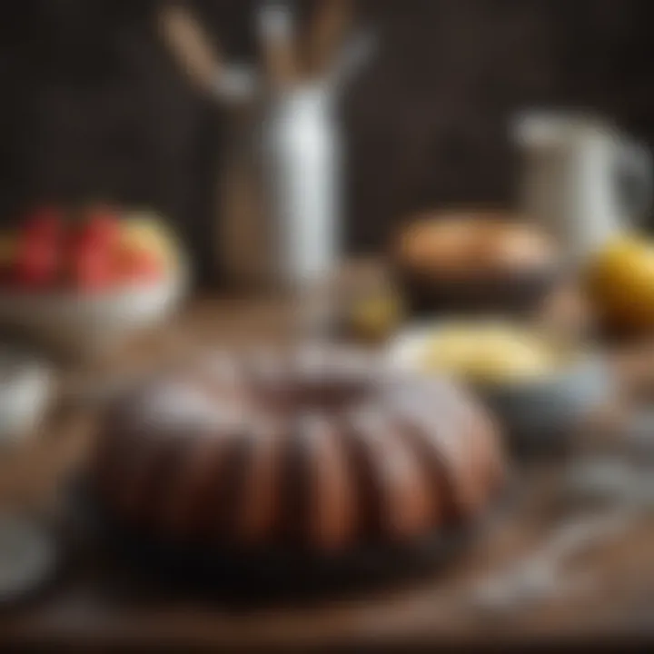 Non-stick Bundt pan with a delicious cake on a rustic table