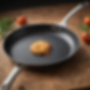 Close-up of a frying pan illustrating the non-stick surface and durability