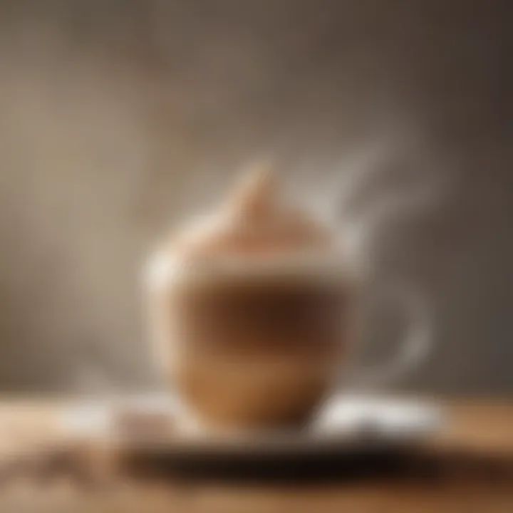 Close-up of a steaming cup of coffee topped with organic creamer powder