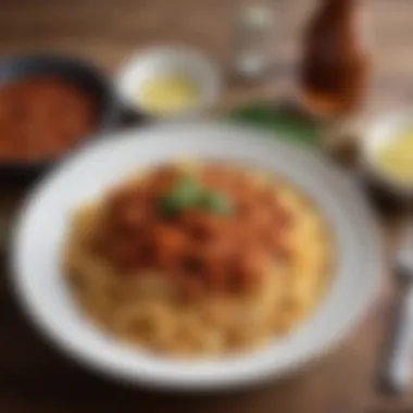 A beautifully plated dish of pasta topped with ragu