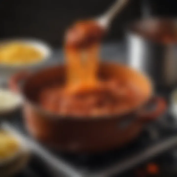 A simmering pot of rich ragu sauce on the stove