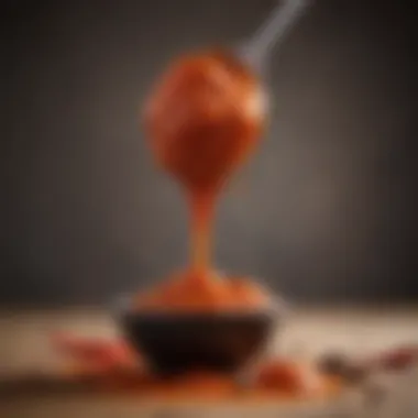 A close-up of a spoonful of fiery red hot sauce with spices in the background.