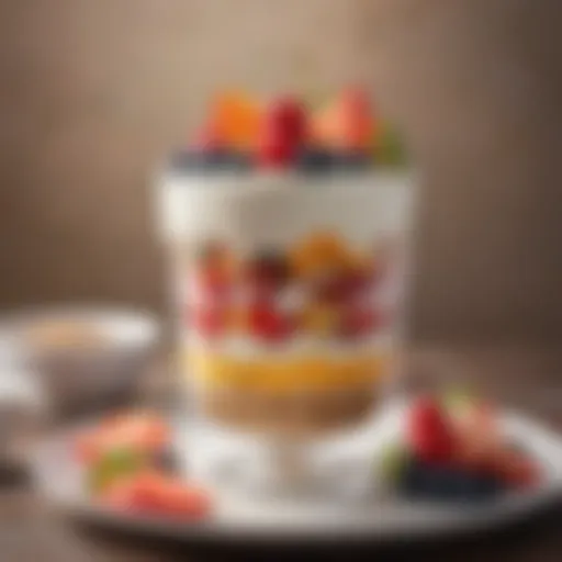 A vibrant breakfast parfait layered with fresh fruits and creamy yogurt.