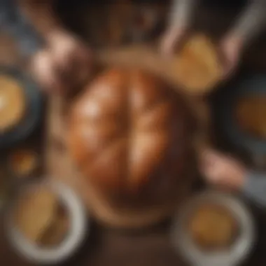 A diverse group of individuals joyfully sharing slices of friendship bread in a cozy setting.