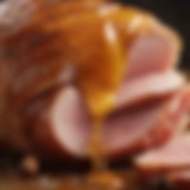 A detailed view of the honey glaze drizzled over ham.