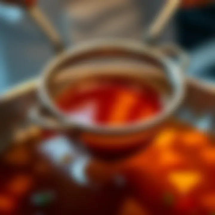 A close-up of the fine straining technique demonstrating clarity in the broth