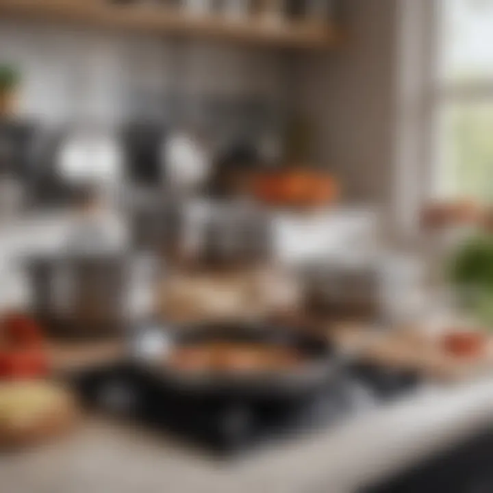 An elegant kitchen setup demonstrating various cookware types
