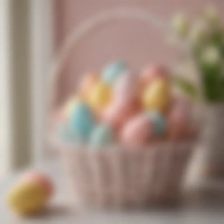 Elegant arrangement of pastel-colored Easter basket filled with themed gifts