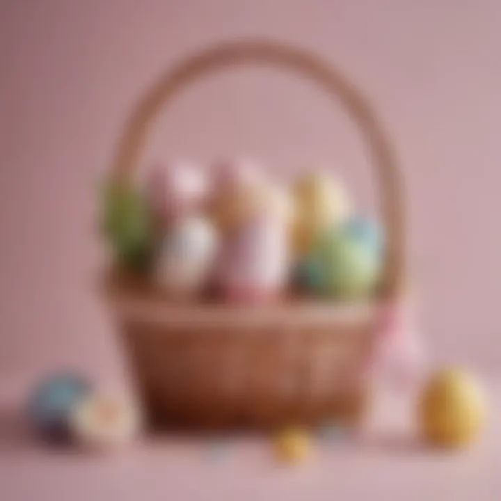 A close-up view of unique, personalized items within a girly Easter basket