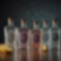 A selection of artisanal gins displayed elegantly in crystal bottles.