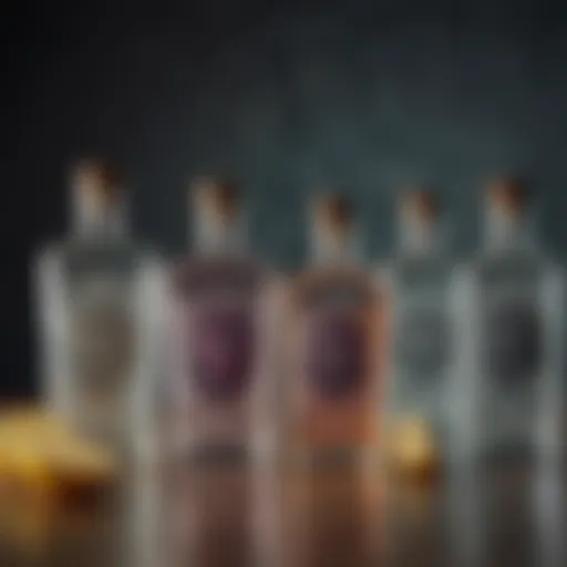 A selection of artisanal gins displayed elegantly in crystal bottles.