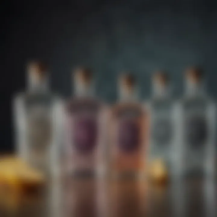 A selection of artisanal gins displayed elegantly in crystal bottles.