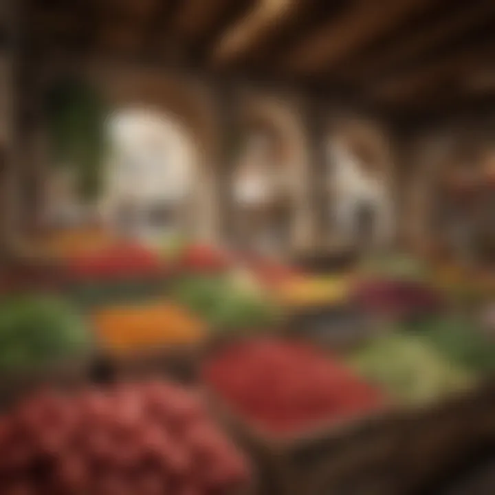 A scenic view of a traditional Mediterranean market filled with fresh produce