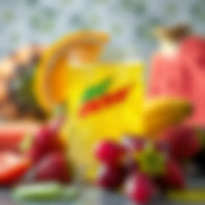 Tropical Fruits Highlighting Mt Dew Sweet Lightning A close-up of Mt Dew Sweet Lightning with tropical fruits highlighting its flavor notes