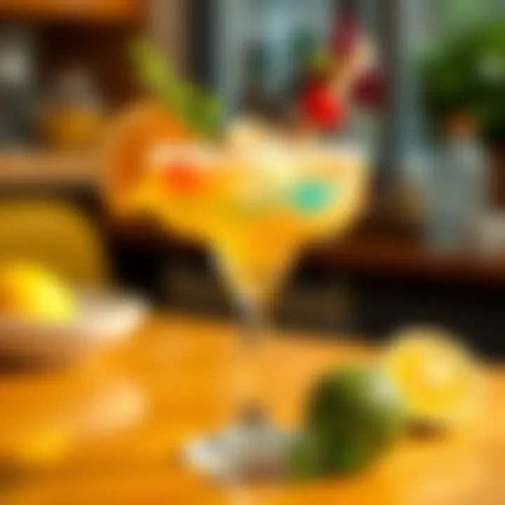 Elegant cocktail glass with a vibrant zero-calorie margarita and colorful garnishes