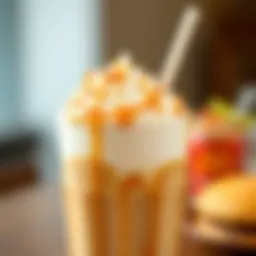 An elegant close-up of a Caramel Frappe topped with whipped cream and caramel drizzle