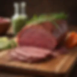 Thinly sliced corned beef on a wooden board