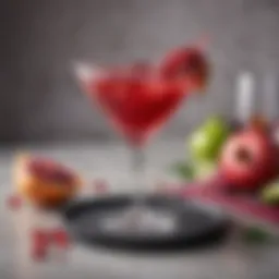 A beautifully crafted Pomegranate Cosmo cocktail garnished with a slice of lime and pomegranate seeds