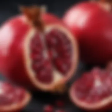 A close-up of fresh pomegranate fruit and seeds, highlighting its rich color and texture