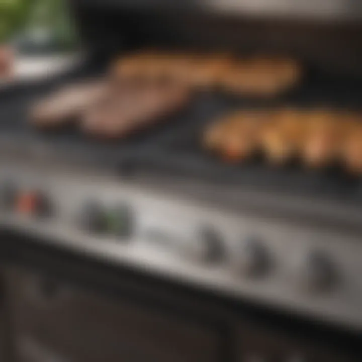 Close-up of the control knobs and features of a propane grill.