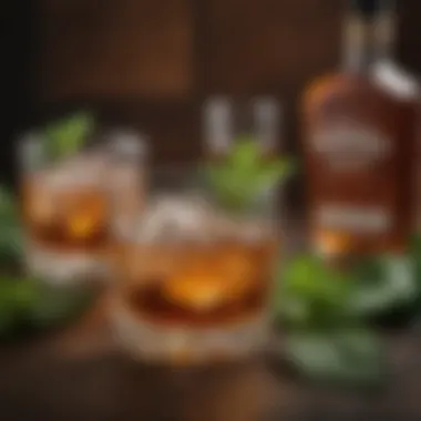 Collection of Whiskeys for Mint Julep Various types of whiskey showcased alongside mint leaves for a mint julep.