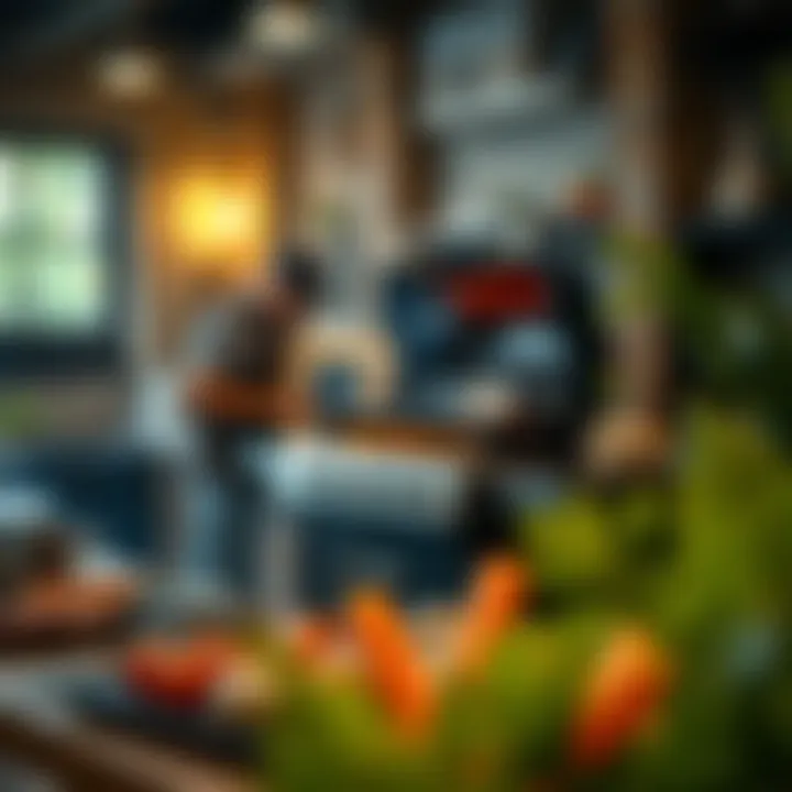 Indoor Smokeless Grilling Experience A vibrant indoor setting featuring a smokeless grill in action