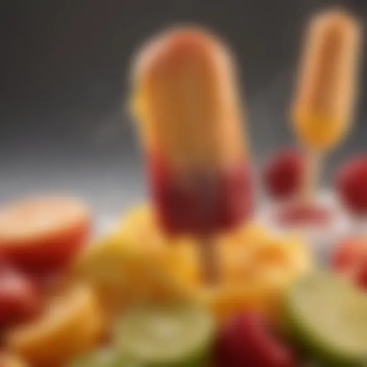 Close-up of melting popsicles with fruity ingredients in the background