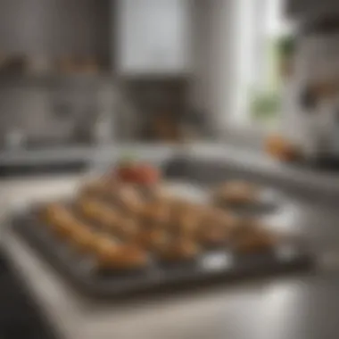 An organized kitchen environment featuring a full sheet pan prominently.